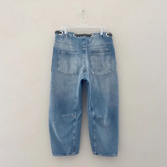 Free People Moxie Barrel Jeans Denim Blue Patches Baggy Slouchy Boho Festival 31 - Picture 6 of 14